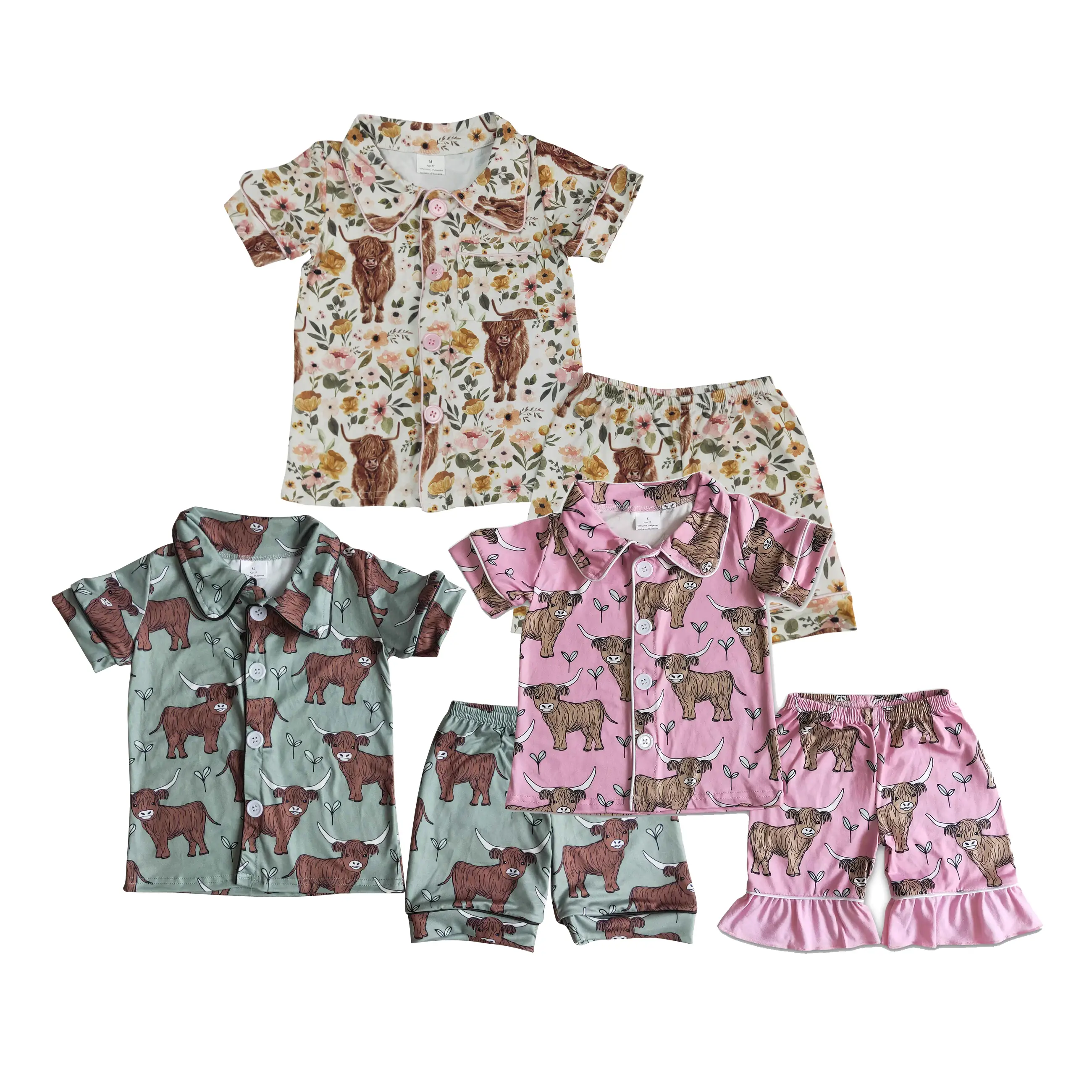 floral highland Cow Print Short sleeve kids pajamas & Baby Set