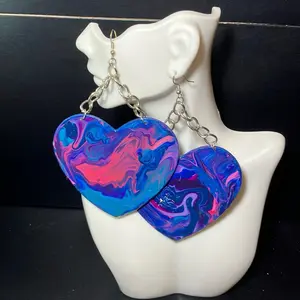 Electric Heart Link Chain Hook Earrings - Colorful Heart Pendant with Silver Chain