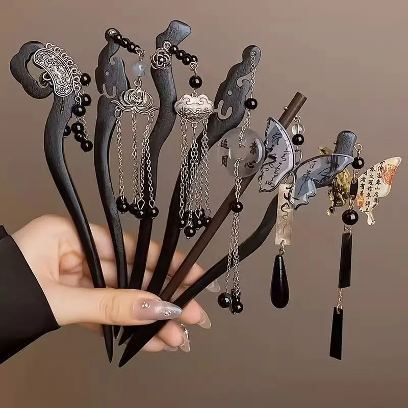 Unisex 6PCS Carved Ethnic Miaojiang New Chinese Wooden Texture Hairpin Set - Elegant Versatile Hair Clips for Hanfu Qipao, French Octopus Clavicular Clips for Auspicious Engagements, Ceremonies, Anniversaries & Birthdays, Engagement, Graphic