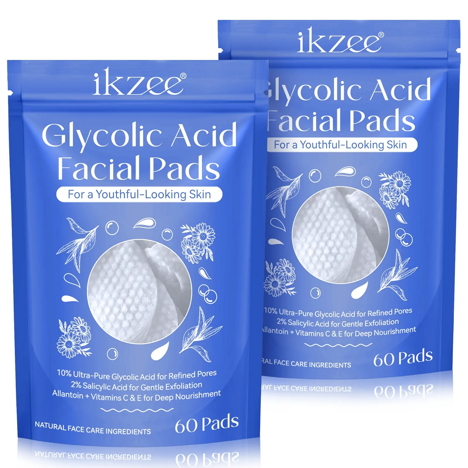 ikzee Glycolic Acid Facial Peeling Pads 60 Sheets 2bags, Exfoliating Face Pads, Contains 10% Glycolic Acid & 2% Salicylic Acid, Skin Exfoliate, Gentle, Deep Cleaning, Oil Control, Unisex Use, Exfoliating Peel Pads