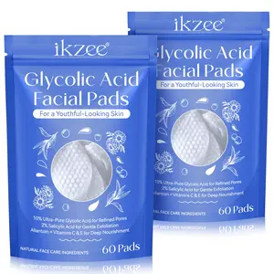 ikzee Glycolic Acid Facial Pads 60 Sheets 2bags, Contains 10% Glycolic Acid & 2% Salicylic Acid, Gentle, Deep Cleaning, Oil Control, Unisex Use