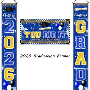 2026 Graduation Blue Gold Decorations, Class Congratulations Banner, Graduate Nameplate, Party Decoration Background