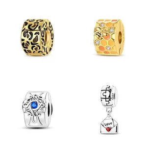 MULA 925 Silver-plated Bracelet Clasp – 14K Gold Plated Leopard/Bee/Celtic Knot/Heart Puzzle Design Stop Beads, Snap-on Spacer Beads, Compatible with Pandora Bracelets, the perfect gift for a lady.