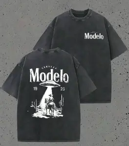 Modelo UFO Cowboy Graphic-Shirt – 230g Heavyweight Vintage Washed Cotton Retro Streetwear Tee With Cerveza Modelo Letter Print, UFO Western Cowboy Desert Scene Design, Y2K Oversized Casual Short Sleeve Men's Summer Fashion Summervibes