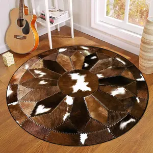 Round Cowhide Pattern Carpet,Soft and comfortable Washable Floor Mat, Decorative Western Cowhide Rug for Home Living Room Bedroom Office, Decorative Area Rug, Decorative Rugs