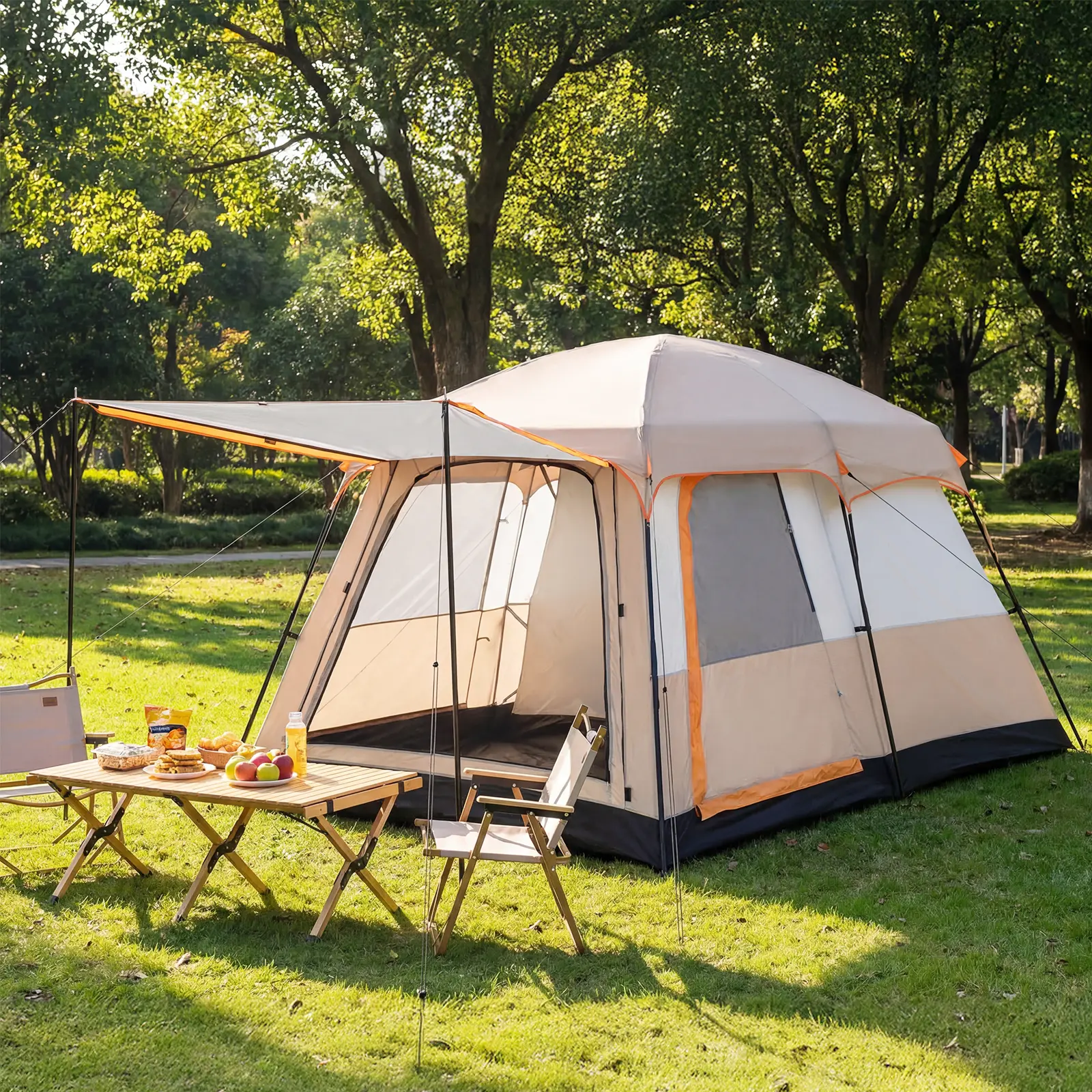 Fold Out 4-6 Person Family Camping Tent, Waterproof Double Layer Tent with 2 Rooms and 3 Mesh Doors Windows, Straight Wall High Roof, Ventilated Easy Setup for Picnic Hiking Family Party