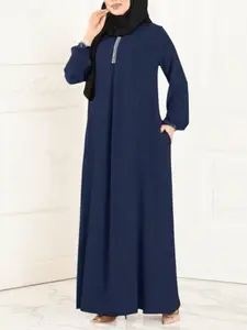 Elegant Women's Lantern Sleeve Round Neck Dress, Casual Loose-Fit Woven Fabric, Traditional Style for All Seasons, Muslim Women Gowns, Hijabi Cute Dresses