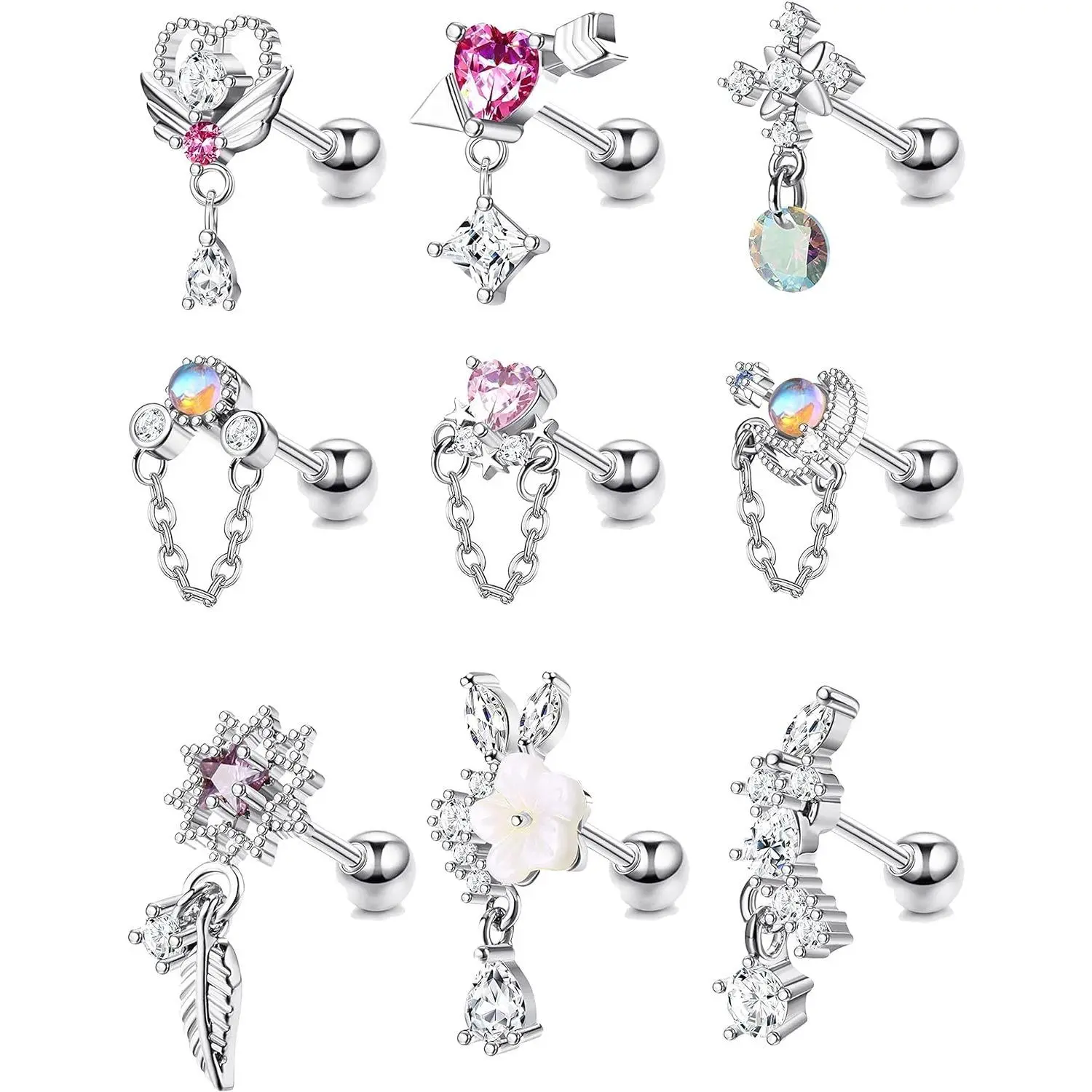 Jstyle 9 Pcs 16G Dangle Cartilage Earrings for Women Stainless Steel Stud Earrings Heart Arrow Feather Snowflake Wing CZ Dangling Cartilage Earrings Tragus Conch Helix Piercing Jewelry Daily