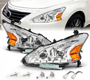 AmeriLite Projector Chrome Headlights LED Bar Style Set for 2013-2015 Nissan Altima 4 Door Sedan - Passenger and Driver Side