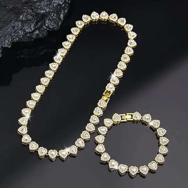 2Pcs Heart-Shaped Cuban Chain Necklace Set, Hip Hop Choker Jewelry Set for Women and Teens, Stylish Valentine’s Day, Birthday, Party and Everyday Gift
