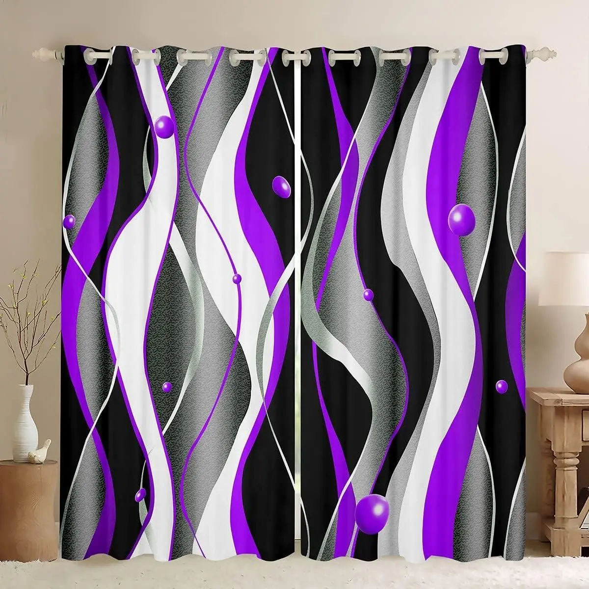Purple Grey Black Window Curtains Geometric Spiral Blackout Curtain Retro Geometric Stripe Line Art Darkening Drapes Round Ball Window Treatments Abstract,2 Panels