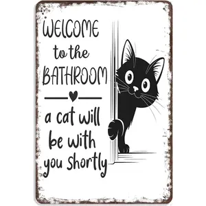 Vintage Black & White Cat Wall Art - "Welcome To The Bathroom" Funny Metal Tin Sign - Retro Bathroom Decor With Cat Design - Aluminum Tin Sign For Restroom 8x12in
