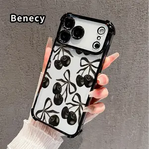 2026 New Black Cherry Pattern Four Corner Anti Fall Transparent Electroplated Protective Phone Case for iPhone 17 16 Pro Max 15 Plus 14 13 12 11 E Air Compatible with Samsung Galaxy S25