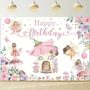 1pc Polyester Reusable Whimsical Fairy Decorative Banner, Summervibes Enchanted Forest Flower Birthday Decoration, Durable Photo Backdrop for Girls’ Party & School Events, Photo Backdrops