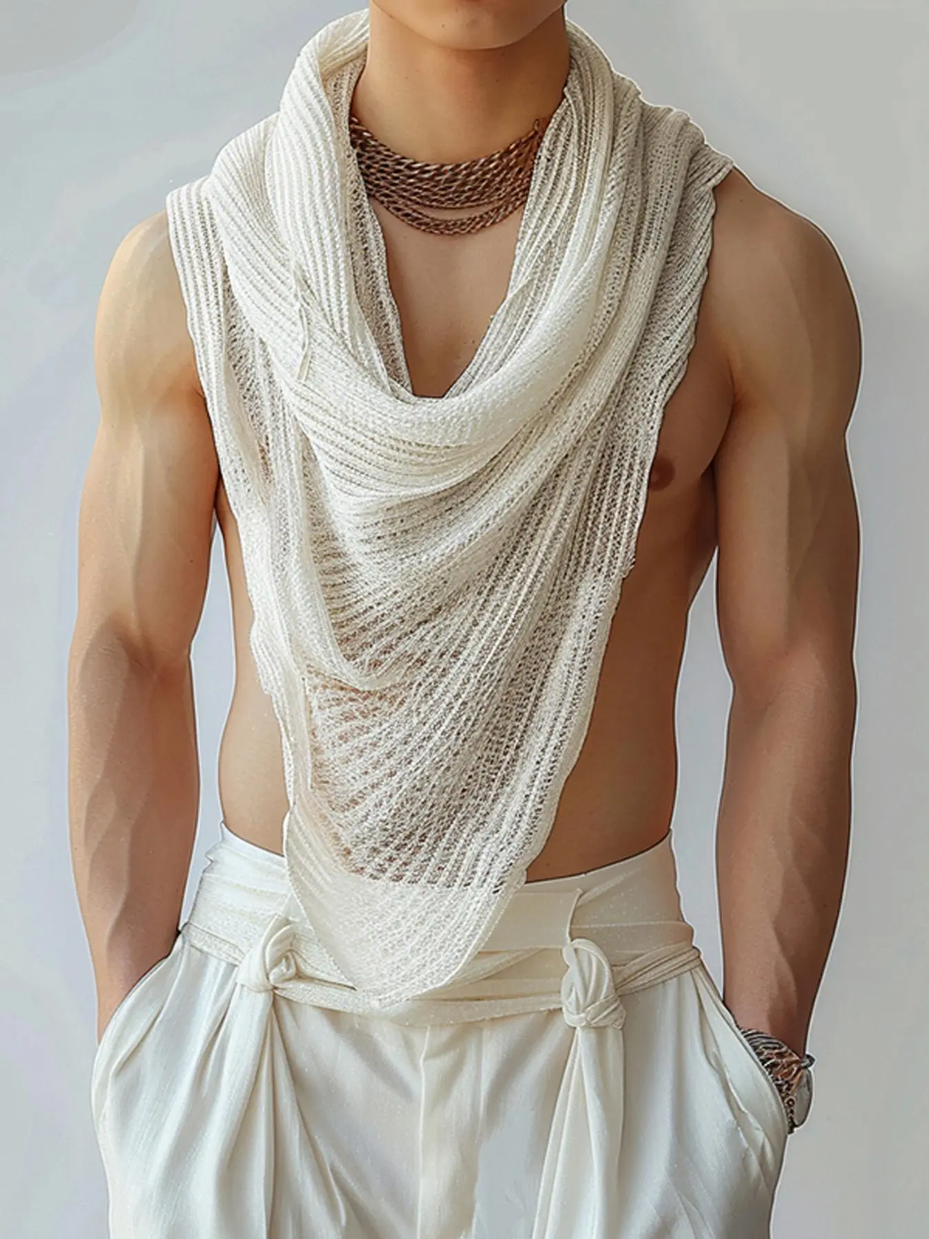 1pcs Men Irregular Loose Tank Tops Casual American Style Minimalist Solid Color Plain Turtleneck Lightweight Sleeveless Vests Menswear
