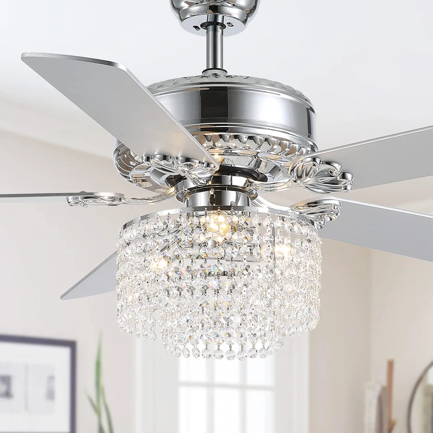 52" Crystal Chandelier Fan with Remote Control, Modern Chrome Ceiling Fan with Lights, 6-Speeds , DC Copper Core Motor -Luxury Fixture for Bedrooms, Living Rooms, and Dining Room Hotel  Elegant Lighting Modern Mood Lighting