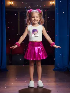 Girls' Summer Casual Dance Team Cartoon Print Two-Piece Set, Sleeveless Crop Top & Pleated Skirt, Multiple Colors Available