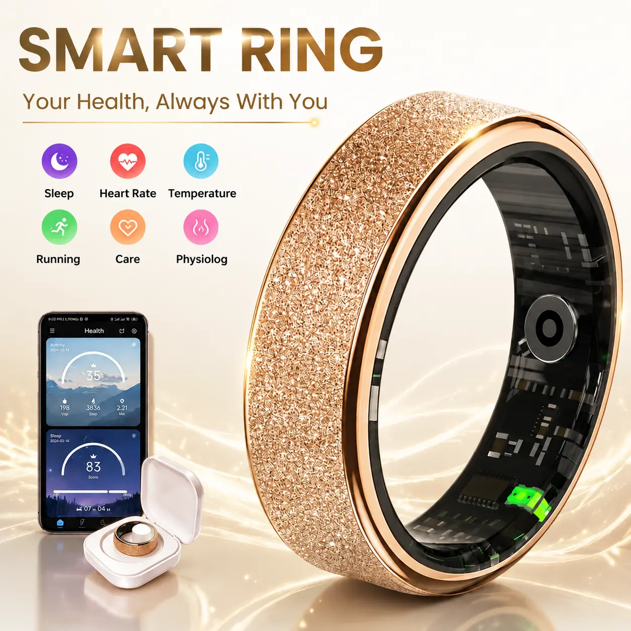 New Smart Ring Health Tracker for Men & Women, Sparkly & Stylish Design with Heart Rate, Sleep, Blood Oxygen & Temperature Monitoring, IP65 Waterproof, Android & iOS Compatible, No Subscription, The Perfect Smart Health Gift for You and Your Loved Ones