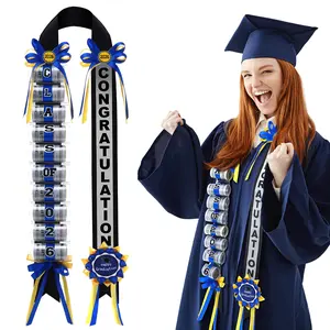 2026 Graduation Wreath - Lightweight Preppy Double-Strand Woven Wreath Ring with Blue Ribbon Bow, Yellow & Dark Green Print Accents, Secure-Fit Polyester Camouflage Decoration, Personalized Insert, Ideal Gift for High School Ceremonies