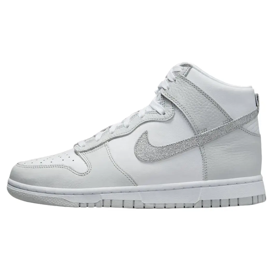 Nike Dunk High 'Silver Glitter Swoosh' Women's Round Toe All Seasons Smooth Leather Upper Cushioned Comfort Durable Traction, Shoe, Sneaker, Sports Shoes, Footwear, Athletic, Trainer, High Top, Casual Wear, Cushioned Sole, Cushioning