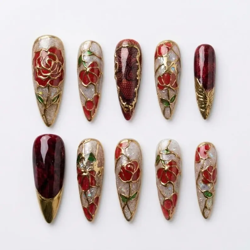 Red Rose Stained Glass Press On Nails Vintage Gothic Floral Lace Nails 3D Gold Foil Nails