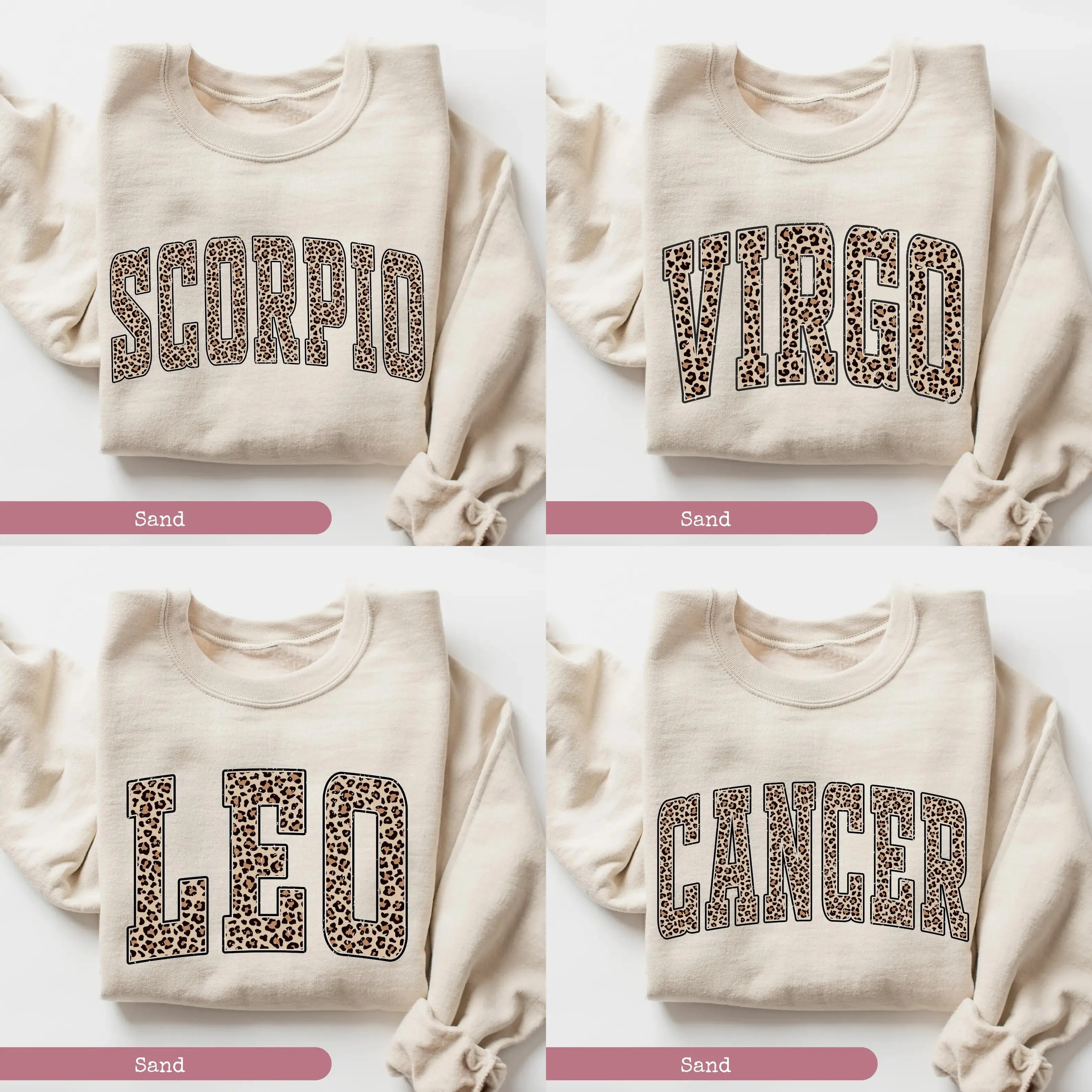 Full 12 Minimalist Zodiac Graphic Sweatshirt – Sand Color, Leopard Print Astrology Sign Pullover, Vintage Horoscope Crewneck for Women & Men - HARSIN