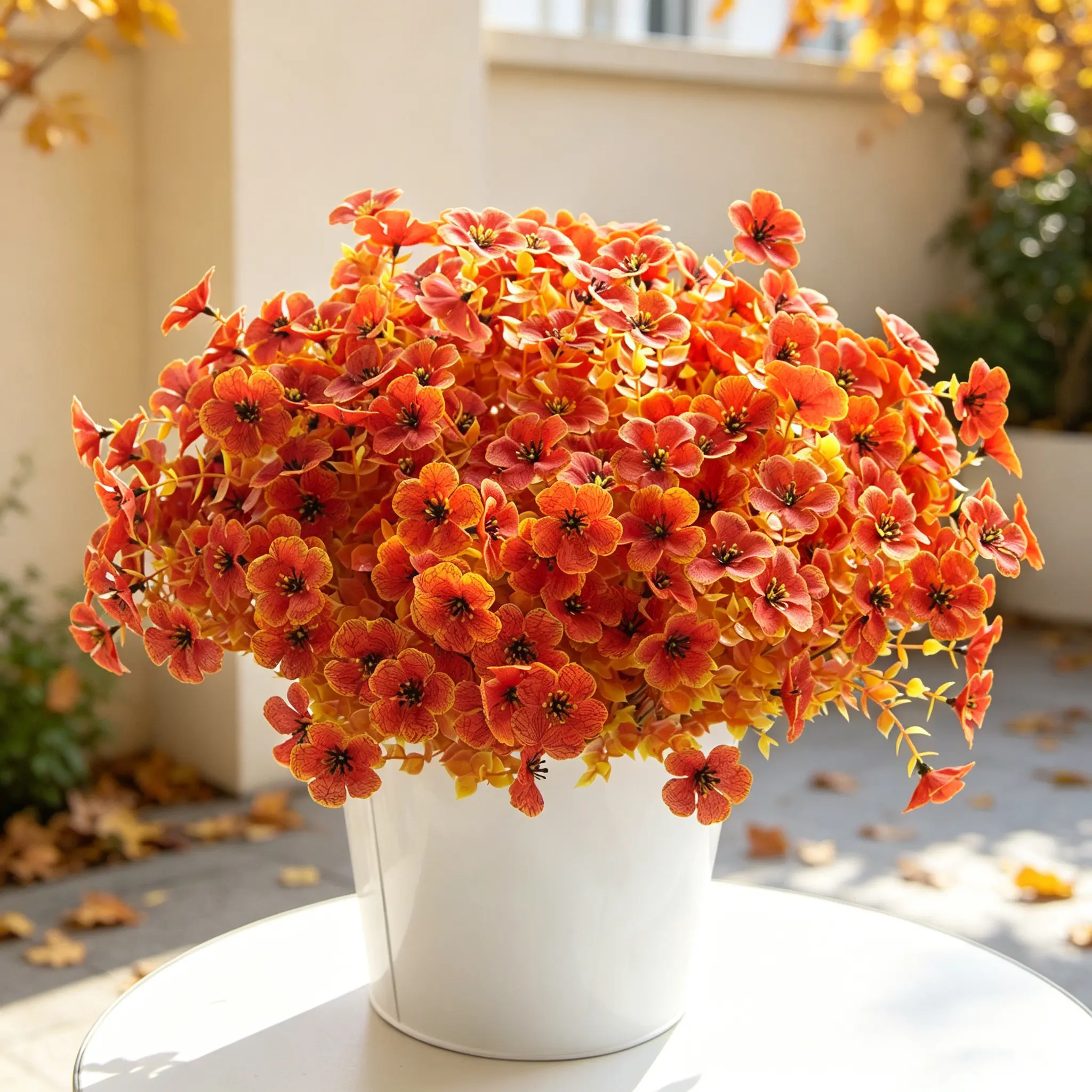 Decorative Burnt Orange Artificial Violet Flowers (6/8/12 Packs), Realistic Fall Floral Stems, Faux Harvest Bouquet for Front Porch, Halloween & Thanksgiving Indoor Outdoor Home Decor – No Flimsy Build, Fake Floral Stems