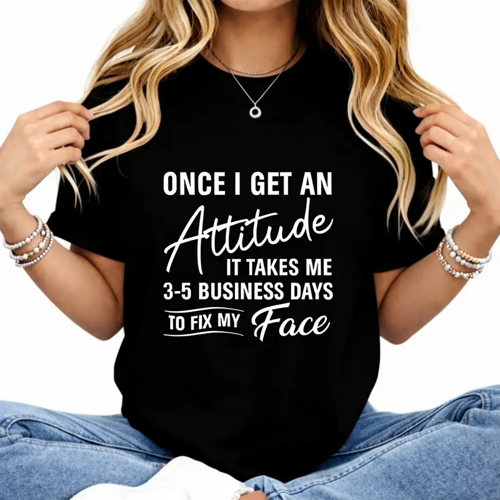 100% cotton Funny Once I Get An Attitude It Takes Me Women Gift Printed T-shirt, Short-sleeved Crew Neck Casual Top, Suitable For All Seasons, Women's Wear
