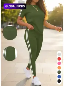 Women's Side Striped Tee & Pants Set, Casual Sporty Fitted Round Neck Short Sleeve T-Shirt & Trousers, Ladies Summer Clothes, Top Outfit Everyday