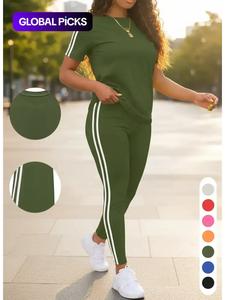 women's side striped tee & pants set, casual round neck short sleeve t-shirt & trousers, ladies summer shortsleeve clothes, women's clothing, womenswear, casual matching set