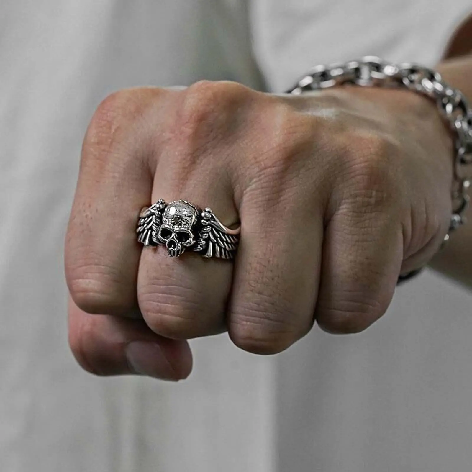 Trendy retro old wing skull open ring punk personality creative dark domineering holiday jewelry