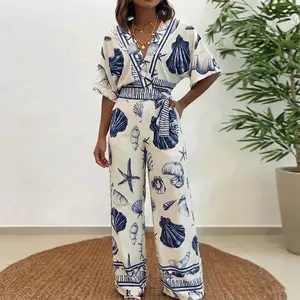 ChicMe Women's Ocean Print Mermaidcore Jumpsuit Seashell Starfish Wrap V Neck Batwing Sleeve Tie Waist Wide Leg Romper with Pockets
