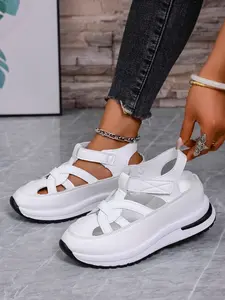 Hollow Out Woven Platform Sport Sandals | Closed Toe & Adjustable Strap | Perfect for Summer & Outdoor! Solid Color Sandals #PlatformSandals #SportSandals