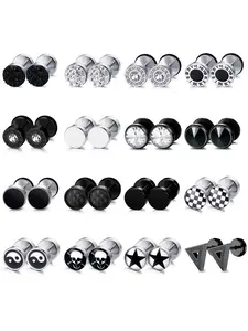 16 Pairs Black Punk Assorted Design Hypoallergenic Universal Pierced Ear Studs for Men Women Rustproof Steel Piercing Pieces Caring for Sensitive Skin Sleek Round Radiant CZ Ear Studs Dark Gothic Tone Sleek Alternative Street Jewelry, Jewellery
