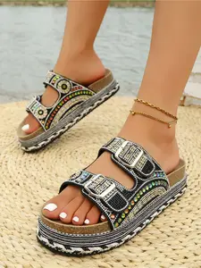 Women's Summer Fashion Thick Sole Sandals Bohemian Style Platform Slides 2026 New Trendy Rhinestone Colorful Stone Slippers O Wedge Beach Shoes Must-have for Coastal Vacation