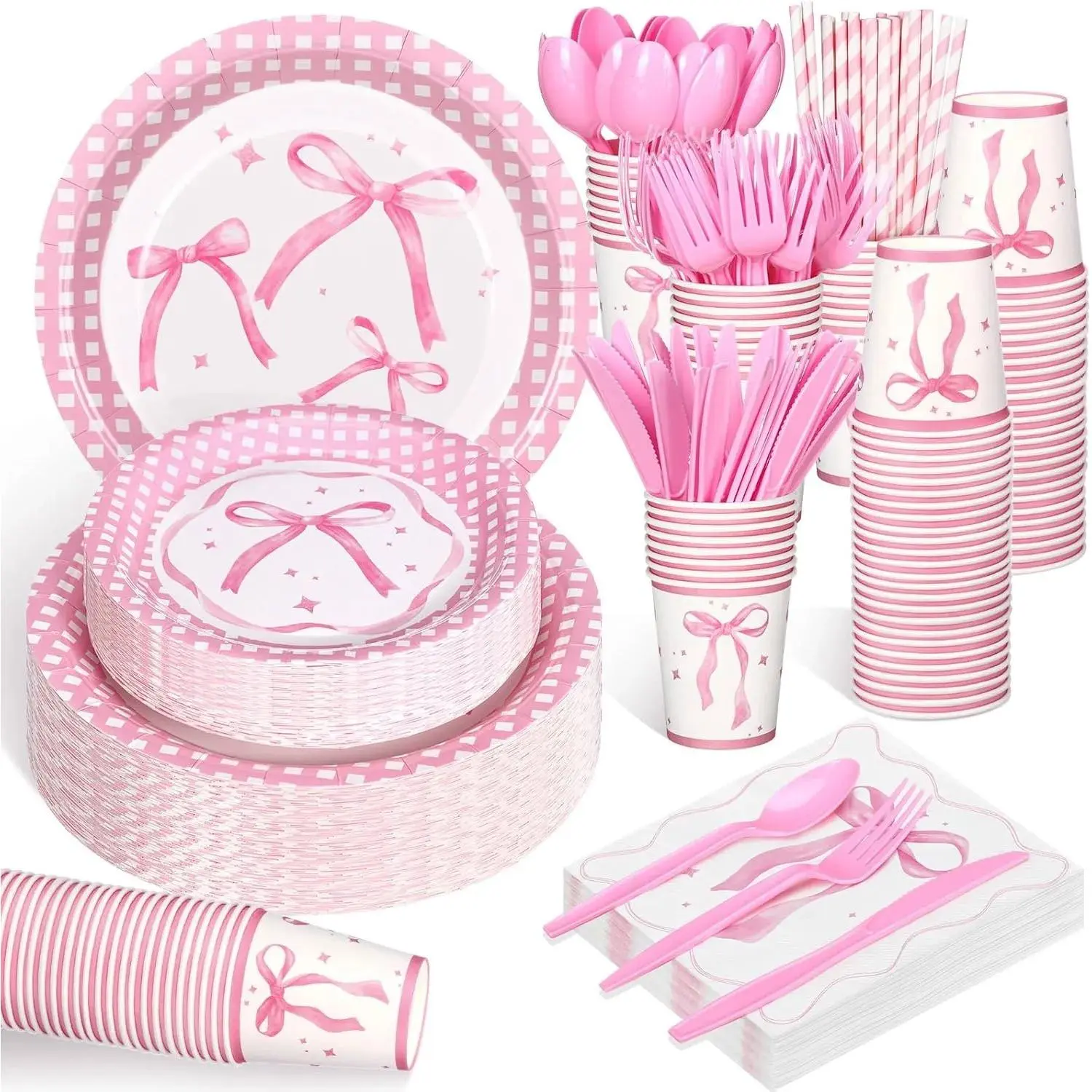 Disposable Pink Bow Tableware Set (200 Pcs, 2 Sizes) - Serves 25, Includes Plates, Napkins, Disposable Cups, Forks, Spoons, Knives, Straws, Saves Cleanup Time for Coquette Theme Wedding, Bridal Shower, Anniversary Decorations, Plastic, Thanksgiving Dinner