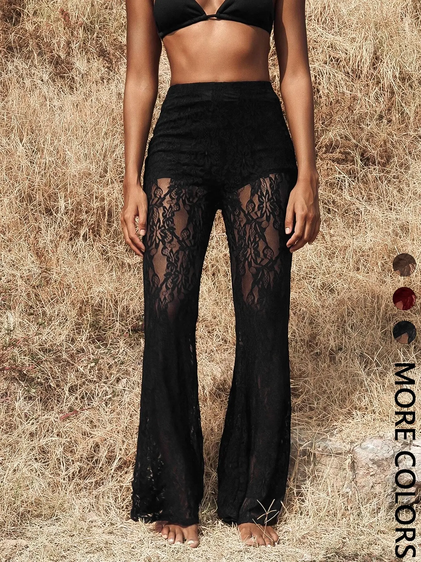 Valentine's Day Women's High Waist Stretchable Fit Lace Knit Pants Bottoms, Sexy Transparent Design, Bell Bottoms Pants, Flare Leg, Elegant Ladies' Fashion Style, Perfect for Daily Wear