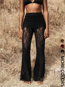 Women's High Waist Lace Knit Pants, Sexy Transparent Design, Flare Leg, Elegant Ladies' Fashion, Perfect for Daily Wear