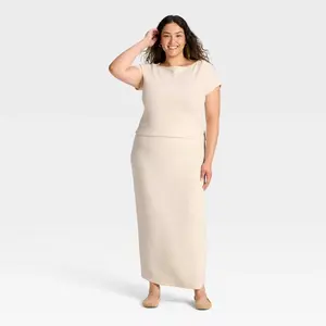 Women's Knit Ribbed Maxi Pencil Skirt - Universal Thread Cream 1X