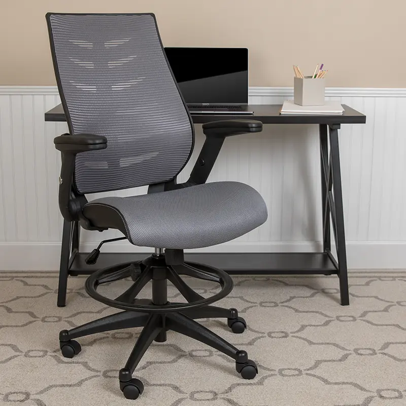 Flash Furniture BL-ZP-809D-DKGY-GG High Back Dark Gray Mesh Spine Back Ergonomic Drafting Chair with Adjustable Foot Ring & Adjustable Flip Up Arms