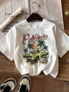 Women's Car & Letter Print Round Neck Graphic Tee, Vintage Trendy Casual Short Sleeve T-shirt for Daily Wear, Ladies Summer Sweatshirt, Hoodie, Comfort Colors