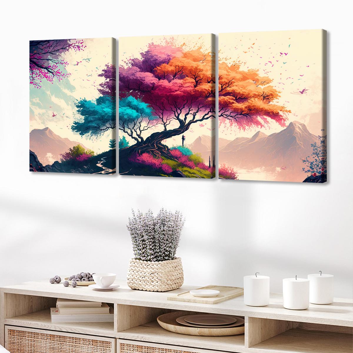 3Pcs Wooden Framed Canvas Painting, Colorful Fantasy Tree And Mountain Landscape, Exquisite Poster, Home Decoration, Pattern Wall Art Decor, For Living Room, Bedroom, Office, Restaurant, Bar Wall Decor, Odorless, Painting, Print Artwork.