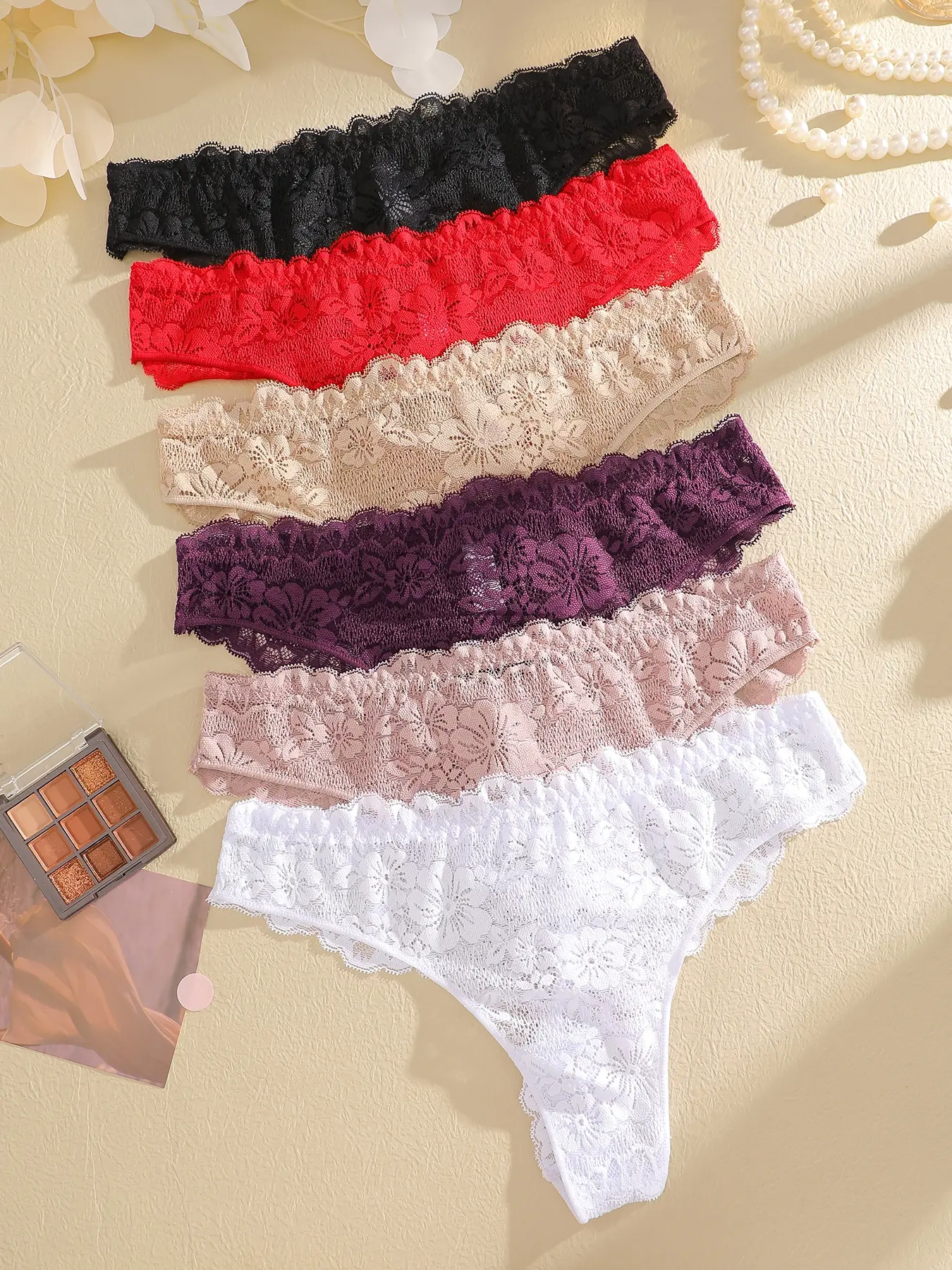 Women's Lace Patchwork Thong Panties, Comfortable Breathable Underwear, 6 Pack Solid Color Lingerie Set, Casual Daily Wear, Sheer Lace Panty, Breathable Soft Underwear, Fashion Underwear