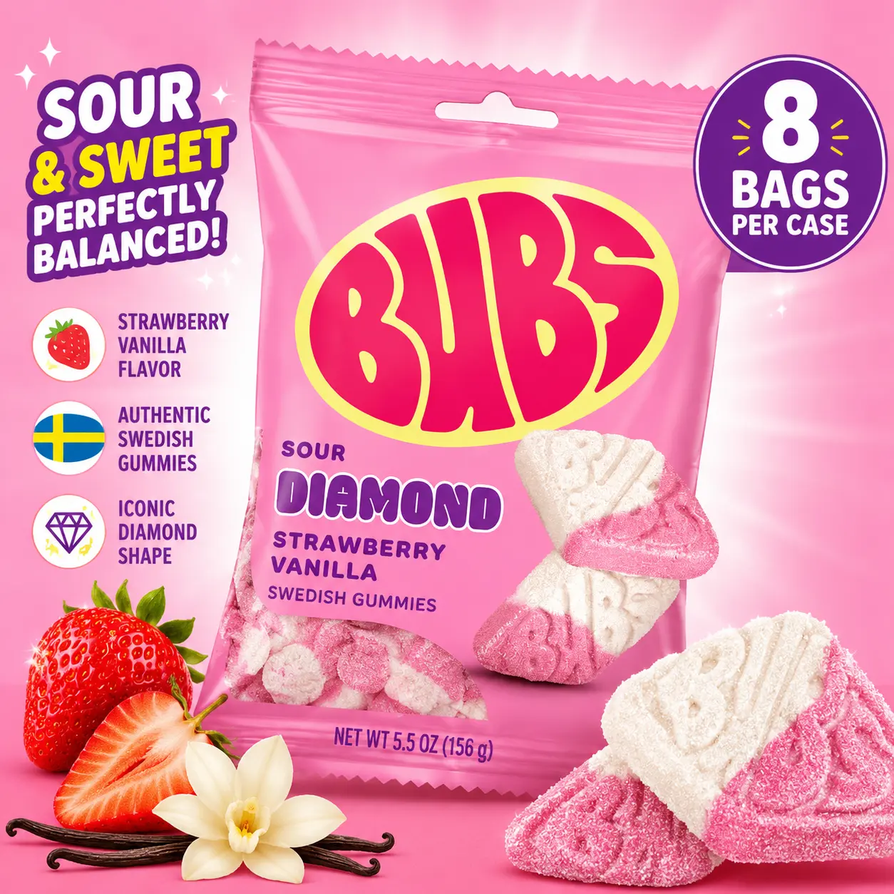 BUBS Sour Diamond Strawberry Vanilla Swedish Gummies 5.5 oz 8 Count  Sweet & Sour Gummy Candy | Swedish Candy Favorite