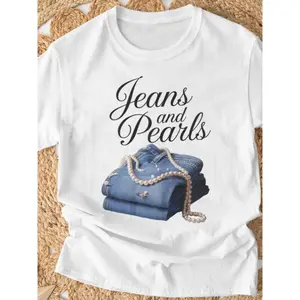 Vintage Jeans and Pearls Graphic Tee | Retro Southern Belle Aesthetic T-Shirt | Heavyweight 100% Cotton Slogan Top | Trendy Coastal Grandmother Relaxed Fit Apparel | Soft Unique Country Gift | Chic Urban Streetwear | Daily Outfit