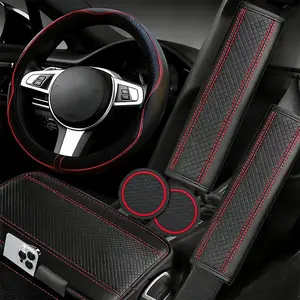 6-Piece Car Interior Accessory Set: Sporty PU Leather Steering Wheel Cover (Universal Fit: 14.5–15 Inches), Microfiber PU Leather Center Console Cover, Seatbelt Pads, and Cup Holder Coasters; All-Season Universal Car Accessories, Car Interior Kit