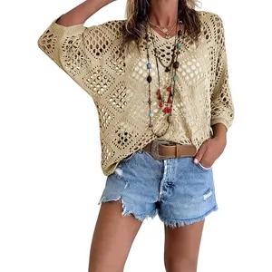 Womens Crochet Cover Up Tops Summer Short Sleeve Hollow Out Sweater Shirts Boho Beach Swimsuit Coverups