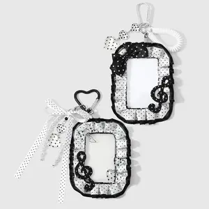 1 piece classic, fashionable retro, unique black-and-white polka dot heart design with faux pearls, ribbon bow, musical note trim; card holder/card case; DIY keychain; bag charm; suitable for office workers and students; ideal for everyday wear and as a h