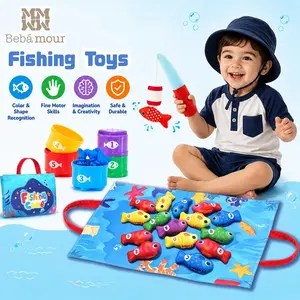 Bebamour Toddler Fishing Set - 10 in 1 Cloth Fishing Game Toddler Toys with Stacking Cups - Number Counting, Color Sorting Learning, Montessori-Inspired Fishing Game with 22 Pcs for 1 Year Old Boys Girls, Newborn/toddler Birthday Gift