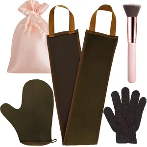 4 Pack Self Tanning Mitt Applicator Kit with Self Tanner Mitt, Exfoliating Glove, Flat Face Tanner Brush & Sponge Bath Black for Personal Use Smooth